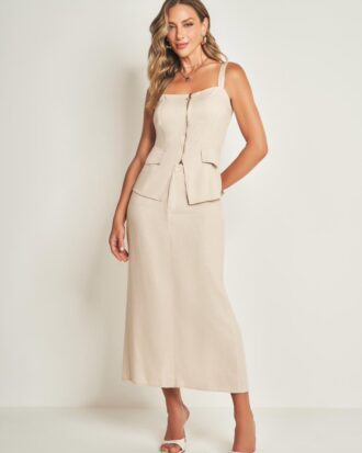 Blusa alça larga com zíper cor aveia