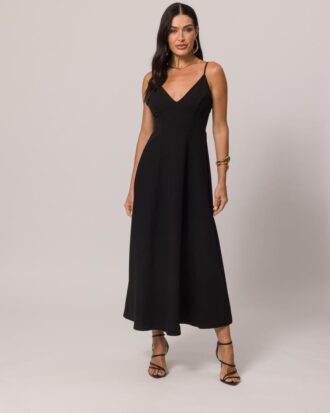Vestido de alças com decote v cor preto