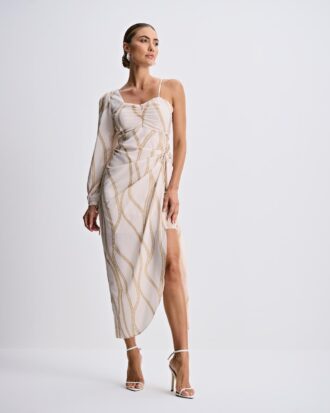 Vestido ombro único manga bufante