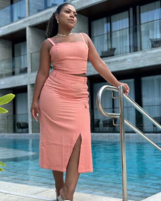 Saia MIDI cintura alta transpassada Pêssego