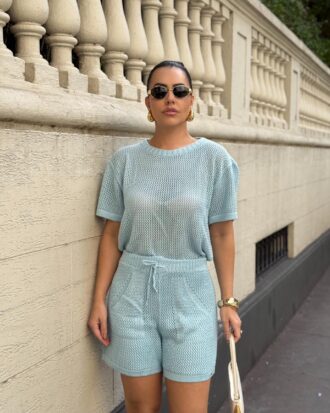 Shorts de tricô cintura alta azul céu