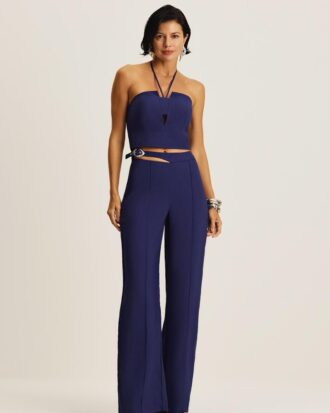 Calça reta abertura cos com fivela marinho