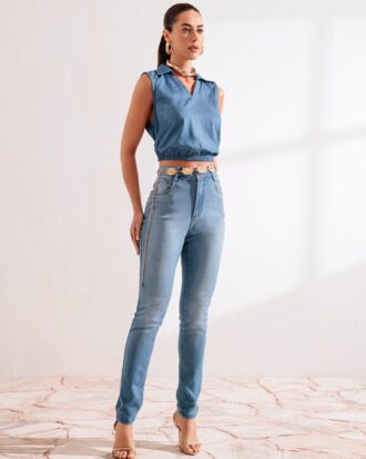Calça jeans Skinny cint. Alta botão prata