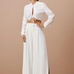 Calça pantalona fenda lateral branca