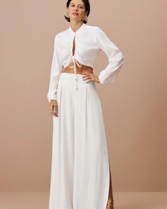 Calça pantalona fenda lateral branca